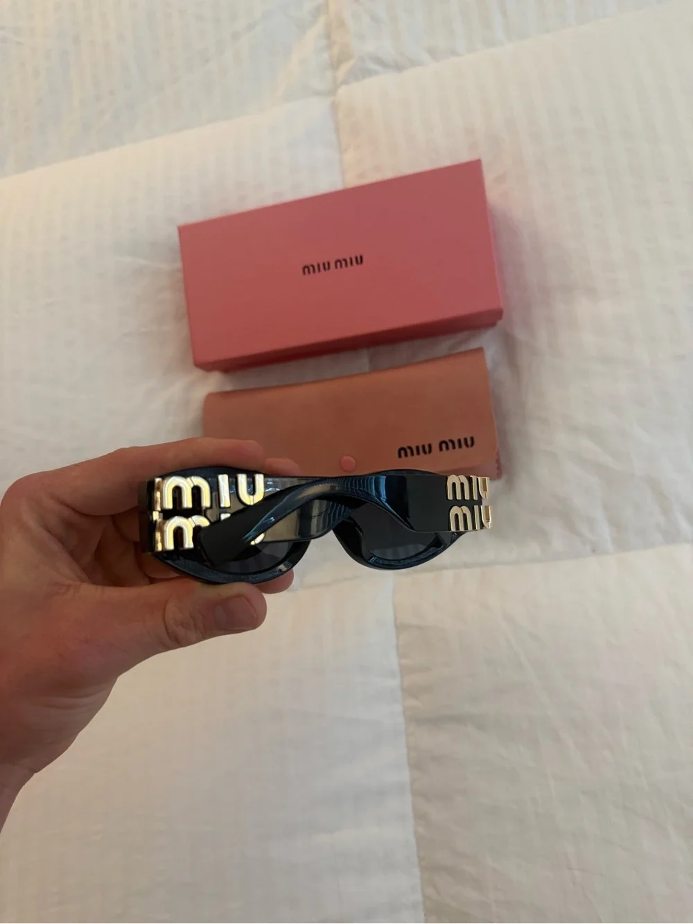 Miu Miu Black Oval Sunglasses with Pink Branded Case and Box